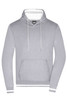 A grey men's hoodie featuring a front pocket, drawstring hood, and contrasting interior colour. It has a logo.