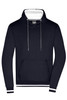 A navy blue men's hoodie with a contrasting white interior, featuring a drawstring and a front pocket. It has a logo.