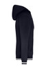 A navy men's hoodie with a zip and kangaroo pockets, featuring ribbed cuffs and hem. It has a logo on the front.