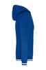 A blue hoodie featuring a zip front, a hood, and contrasting white stripes on the cuffs. It includes a logo.