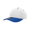 A structured 6 panel cap featuring a white body and a blue peak, with a logo on the front.