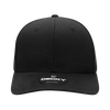 A black structured cap with a mid-profile and a logo on the front.