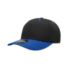 A black cap with a blue peak, featuring a structured design and a branded label.
