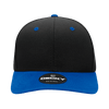 A structured cap featuring a black fabric body and a blue brim, with a logo on the front.