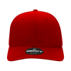 A red six-panel mid-profile structured cap with a branded logo on the front.