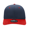 A structured cap in navy blue and red, featuring a logo on the front and a flat brim.