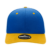 A structured cap featuring a blue body and a yellow brim, with a logo on the front.