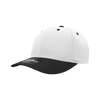 A mid-profile structured cap featuring a white crown and a black visor. It includes a logo on the front.