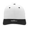 A structured cap featuring a white body and a black visor, with a logo on the front.