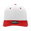 A structured cap featuring a white crown and red brim, with a logo on the front.