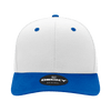 A mid-profile structured cap featuring a white front and a blue peak, with a logo on the front.