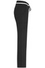 Black ladies jog-pants with a drawstring waist and pockets, featuring a branding logo.