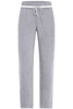 A pair of light grey jog-pants with a drawstring waist and two front pockets, featuring a logo.