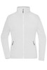 A white polar fleece jacket with a high collar and two zippered pockets. It features a logo on the left side.