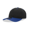 A black and blue 5 Panel Mid Profile Structured Cap featuring a logo on the front.