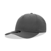 A grey 5 panel mid profile structured cap with a curved brim and a logo on the front.
