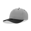 A grey 5 panel mid profile structured cap with a black peak and a logo on the front.