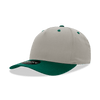 A grey and green 5 panel mid profile structured cap with a curved brim and a logo on the front.