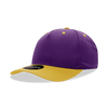 A purple and yellow 5 Panel Mid Profile Structured Cap with a logo on the front.