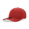 A red 5 panel mid profile structured cap with a curved brim and a logo on the front.