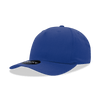 A blue 5 panel mid profile structured cap with a curved brim and a logo on the underside.