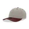A structured cap featuring a mid-profile design with a grey body and maroon peak, complete with a logo.