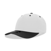 A white 5-panel mid-profile structured cap with a black peak and a branded logo.