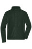 A men's polar fleece jacket in dark green, featuring a zip front and side pockets, with branding on the jacket.