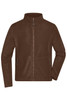 A men's polar fleece jacket in a rich brown colour with a zip front and side pockets, featuring a logo.