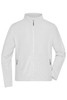 A white polar fleece jacket with a full zip and two zippered pockets, featuring a logo on the chest.