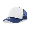 A blue and white 5 panel mid-profile structured foam trucker cap with a mesh back and a logo on the front.