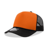 An orange and black 5 panel mid profile structured foam trucker cap with a mesh back and a branded tag.