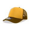 A yellow and brown foam trucker cap with a structured design and mesh panels. It features a logo on the front.