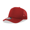 A red 5 panel mid profile structured foam trucker cap with a mesh back and a logo on the side.