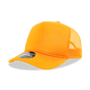 A bright yellow 5-panel mid-profile structured foam trucker cap with a mesh back and a circular logo badge.