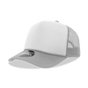 A grey and white 5 Panel Mid Profile Structured Foam Trucker cap with mesh panels and a circular logo.