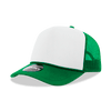 A green 5-panel mid-profile structured foam trucker cap with a white front panel and mesh sides.