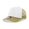 A structured foam trucker cap featuring a white front panel and khaki mesh sides. The cap includes a logo.