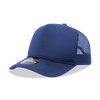 A navy blue 5-panel mid profile structured foam trucker cap with a mesh back and a logo.