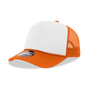 A mid-profile structured foam trucker cap with an orange bill and mesh side panels. Features a logo on the front.