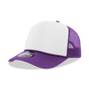 A purple and white 5-panel mid-profile structured foam trucker hat with a mesh back and a branding logo.