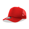 A red 5 panel mid profile structured foam trucker cap with a mesh back and a logo on the front.