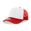 A red and white 5-panel mid-profile structured foam trucker cap with a mesh back and a logo.