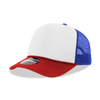 A structured foam trucker cap featuring a white front, red brim, and blue mesh sides. Includes a logo.
