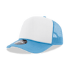 A blue and white 5 Panel Mid Profile Structured Foam Trucker cap with a mesh back and a logo on the front.