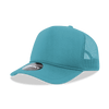 A turquoise 5 Panel Mid Profile Structured Foam Trucker cap with mesh sides and a branded tag.