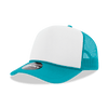 A teal and white 5 panel mid-profile structured foam trucker cap with a mesh back and a branded label on the brim.