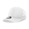 A white 5-panel mid-profile structured foam trucker cap with mesh sides and a branded logo on the front.