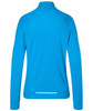 A blue ladies sports shirt with a half-zip, featuring long sleeves and a sleek design, has a logo on the back.