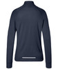 A navy ladies sports shirt with a half-zip design and long sleeves, featuring a logo on the back.